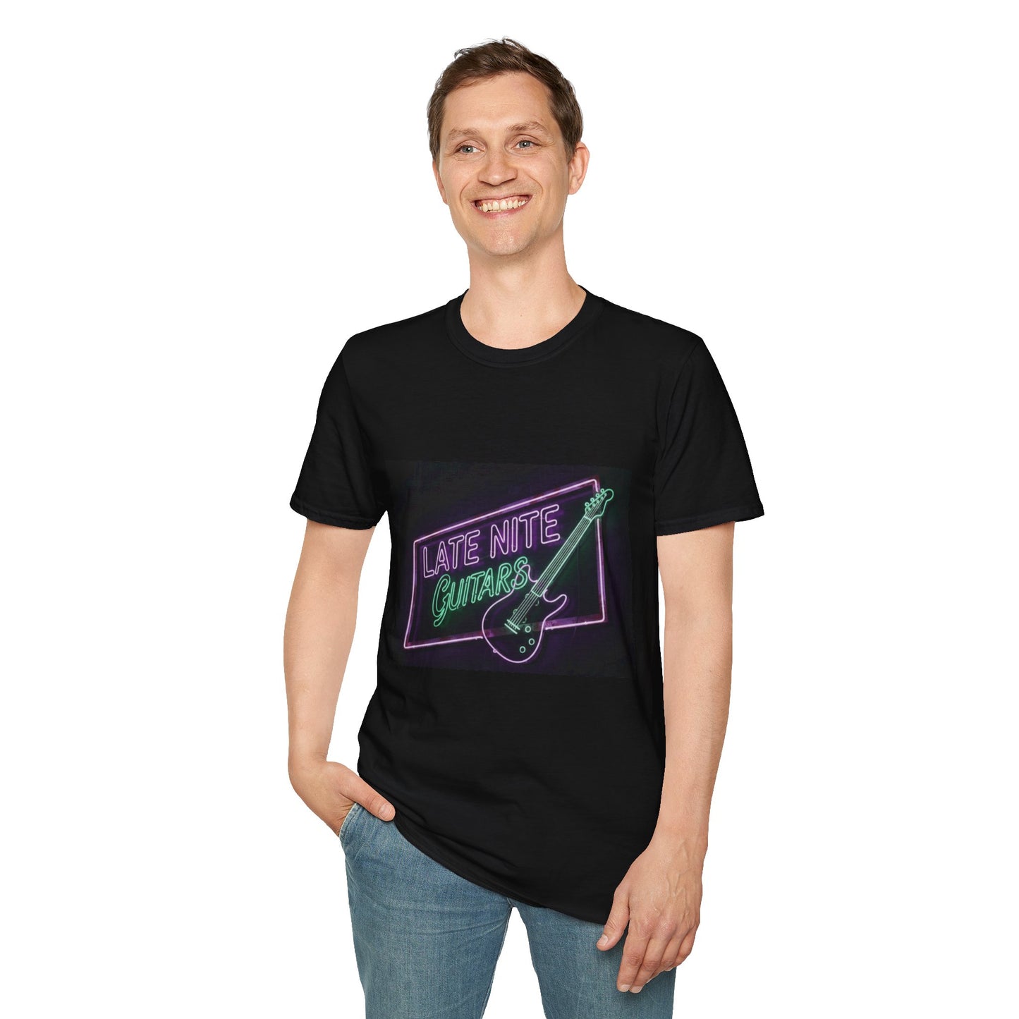 Late Nite Guitars Neon T-Shirt — Retro Rock Guitar Tee